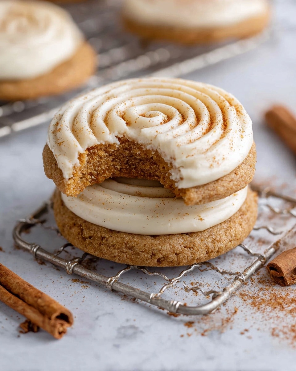 This image shows a two-layered cookie sandwich placed on a silver cooling rack over a white marbled surface. The bottom layer is a flat, round brown cookie with a slightly grainy texture. On top of that is a thick, creamy white frosting spread evenly. The top layer is another round cookie of the same size and color, covered with a spiral of white frosting on top, sprinkled lightly with a fine dusting of cinnamon or spice powder. The spiral frosting drips slightly over the edge, and a visible bite is taken from the top cookie, revealing a soft, crumbly inside. Around the cooling rack, cinnamon sticks and scattered spice powder add to the scene. Photo taken with an iphone --ar 4:5 --v 7