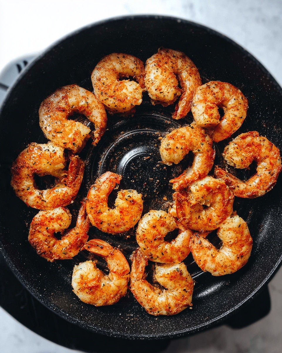 This image shows a black round pan filled with twelve cooked shrimp arranged evenly in a circle near the pan’s edge. Each shrimp has a reddish-orange color with specks of seasoning visible on their surface. The shrimp are slightly curled and have a firm texture. The inside center of the pan is empty, showing a black base with a circular pattern. The photo is taken on a white marbled surface. photo taken with an iphone --ar 4:5 --v 7