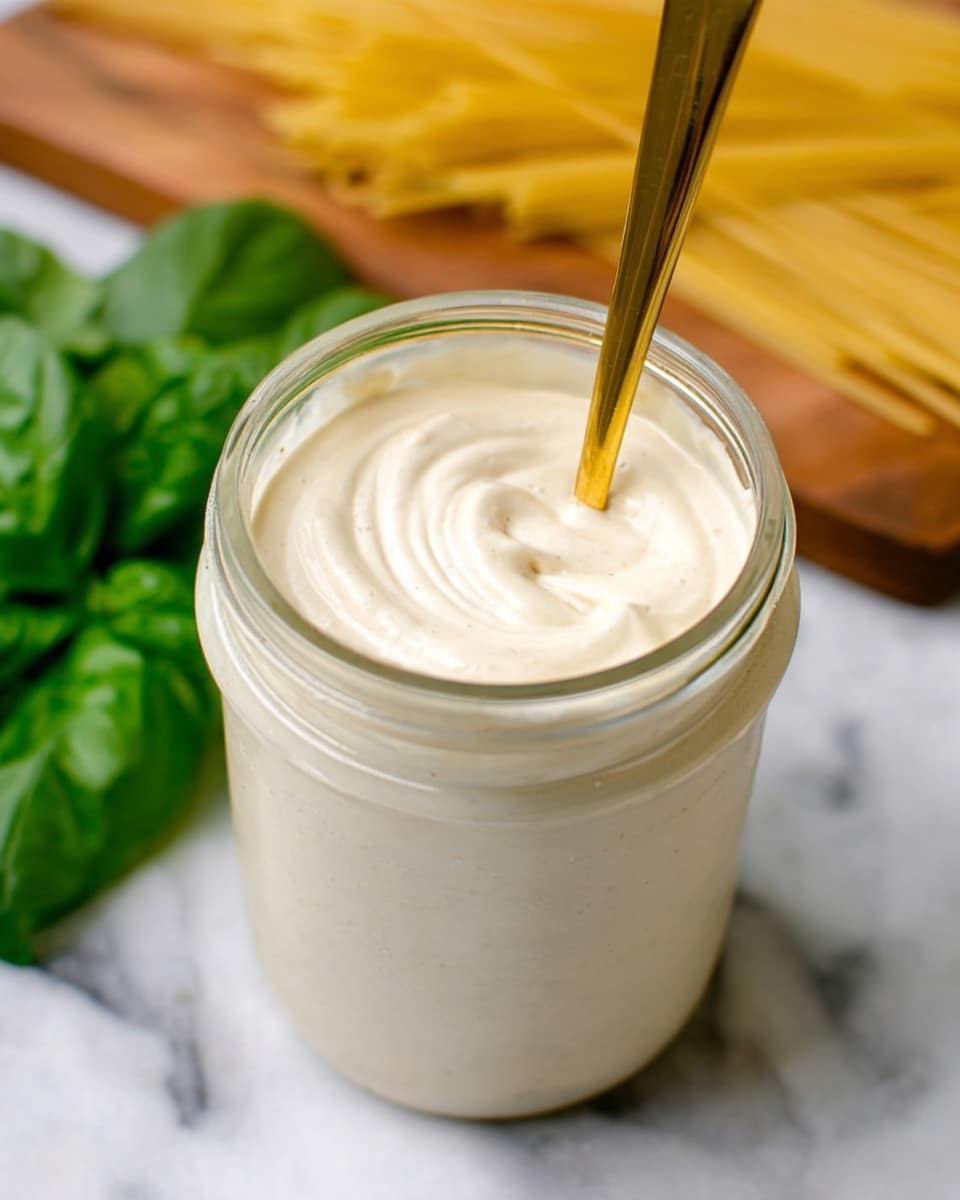 A clear glass jar filled with a thick, creamy white sauce with a smooth texture fills the frame. The sauce has gentle swirls visible on the surface. A gold spoon stands upright in the jar, centered inside the sauce. Behind the jar, fresh green basil leaves rest on a white marbled surface next to uncooked yellow spaghetti noodles on a wooden board. The background is softly blurred, focusing on the jar. Photo taken with an iphone --ar 4:5 --v 7