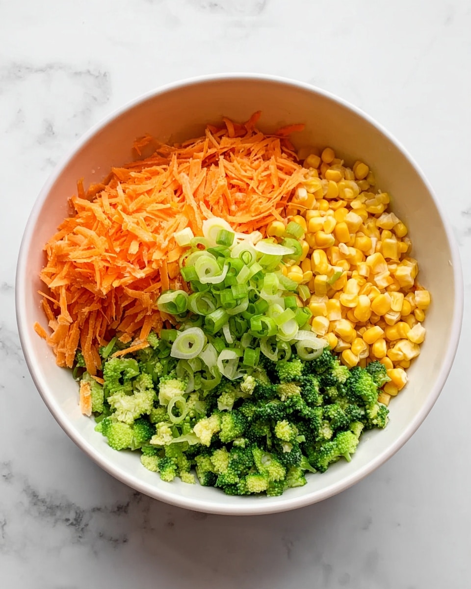 A white bowl on a white marbled surface holds four separate layers of chopped vegetables, each neatly divided. In the top left, there is a pile of shredded orange carrots with a soft texture. To the top right, there is a layer of small yellow corn kernels, looking fresh and plump. On the bottom right, there are finely chopped green broccoli pieces with a slightly chunky texture. Scattered over the center of all these layers are small slices of light green spring onions. photo taken with an iphone --ar 4:5 --v 7
