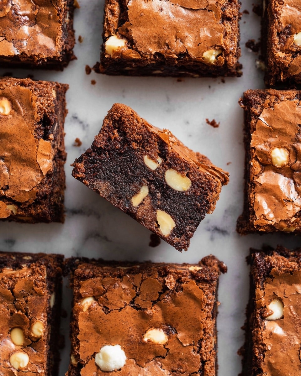 Several brownies are shown on a white marbled surface, arranged in a grid-like pattern with one brownie turned upright in the center. Each brownie has a thick, cracked top layer that is light brown and shiny with small lumps and white chocolate spots. The inside layer is dark brown, dense, and moist with visible white nut pieces. The contrast between the crispy top and soft inner layers is clear. photo taken with an iphone --ar 4:5 --v 7