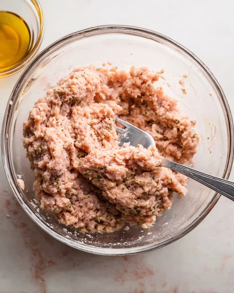 Inside a clear glass bowl placed on a white marbled surface, there is a thick mixture of light pink and brown with a slightly crumbly and moist texture. The mix looks like raw ground meat with seasoning, showing small green and black specks evenly spread throughout. A silver fork is partly pressed into the mixture, resting diagonally with its handle coming out of the bowl. A small clear glass container with golden liquid is partially visible behind the bowl. The lighting is soft and natural, highlighting the texture and color of the mix. Photo taken with an iphone --ar 4:5 --v 7
