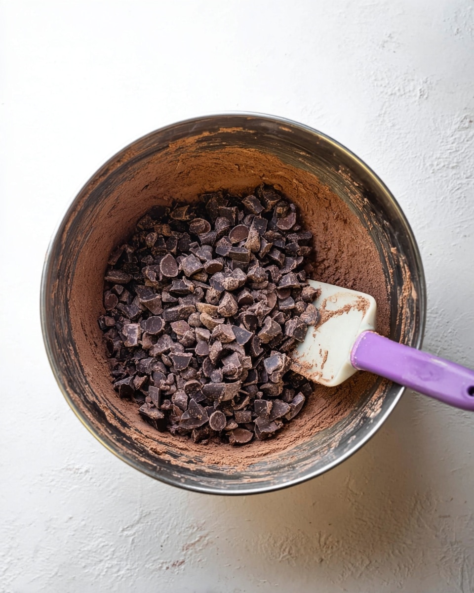 A metal mixing bowl contains a thick chocolate batter base with a rough texture, covered on top with a large pile of dark chocolate chunks and chips in varied sizes, dark brown to almost black in color. A spatula with a white handle and purple silicone spatula head is partially buried in the bowl near the right side. The bowl is set on a white marbled surface. photo taken with an iphone --ar 4:5 --v 7