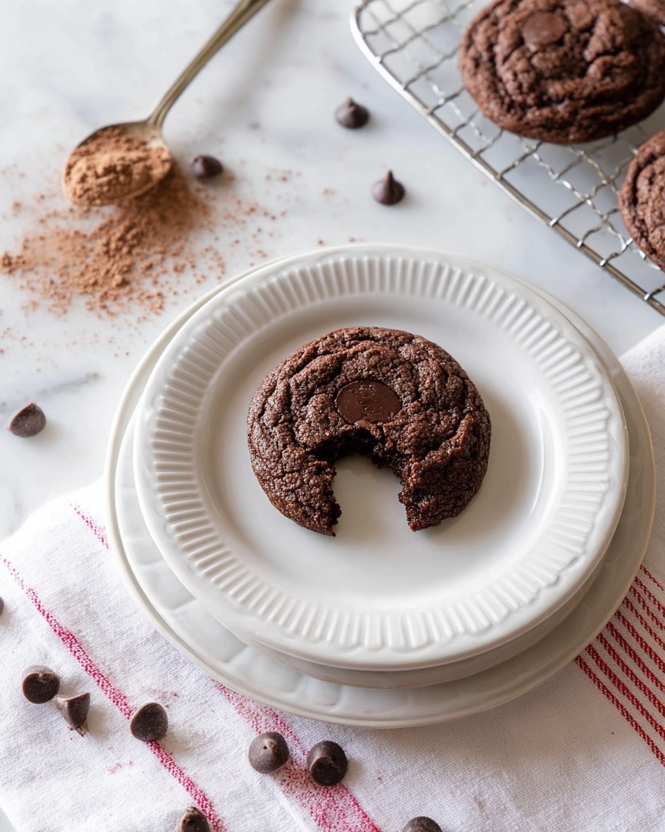 A single chocolate cookie with a bite taken out of it sits in the center of two stacked white plates, the top one having a decorative edge while the bottom one is plain with ridges. To the upper left, a spoon holds some brown powder with a little spilled around it. To the upper right, three more chocolate cookies rest on a cooling rack placed on a white cloth with red stripes. Scattered chocolate chips decorate the lower right corner on a white marbled background. The image is bright and clean, showing a rustic, homemade feel. photo taken with an iphone --ar 4:5 --v 7