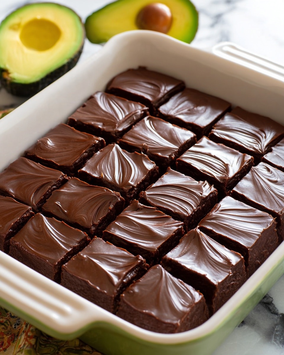 A white square baking dish filled with a rich chocolate dessert cut into sixteen squares, each piece topped with a smooth, dark chocolate layer that has light swirls and a shiny texture. The dessert looks thick and soft, and the squares are neatly arranged inside the dish. In the background, there are two halves of a bright green avocado placed on a white marbled surface. Photo taken with an iphone --ar 4:5 --v 7