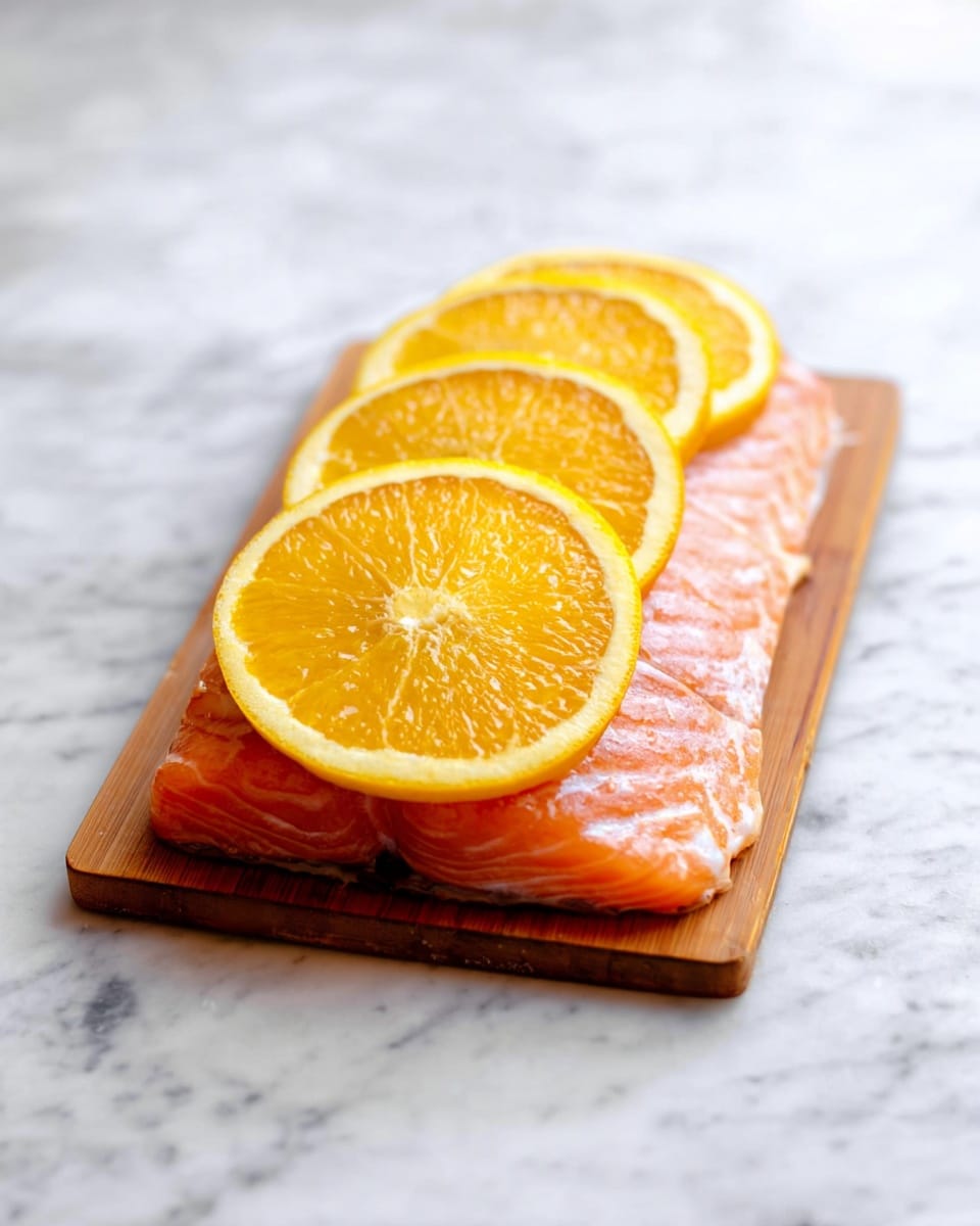 A rectangular piece of pink salmon sits on a light brown wooden plank placed on a white marbled surface. The salmon has a shiny texture and is topped with six thin, round slices of orange, arranged loosely in two layers: three slices on the bottom layer and three overlapping slices on top. The edges of the orange slices show a bright yellow and white rind, contrasting with the juicy, translucent orange inside. The focus is close-up on the salmon and orange slices, with soft natural lighting. photo taken with an iphone --ar 4:5 --v 7