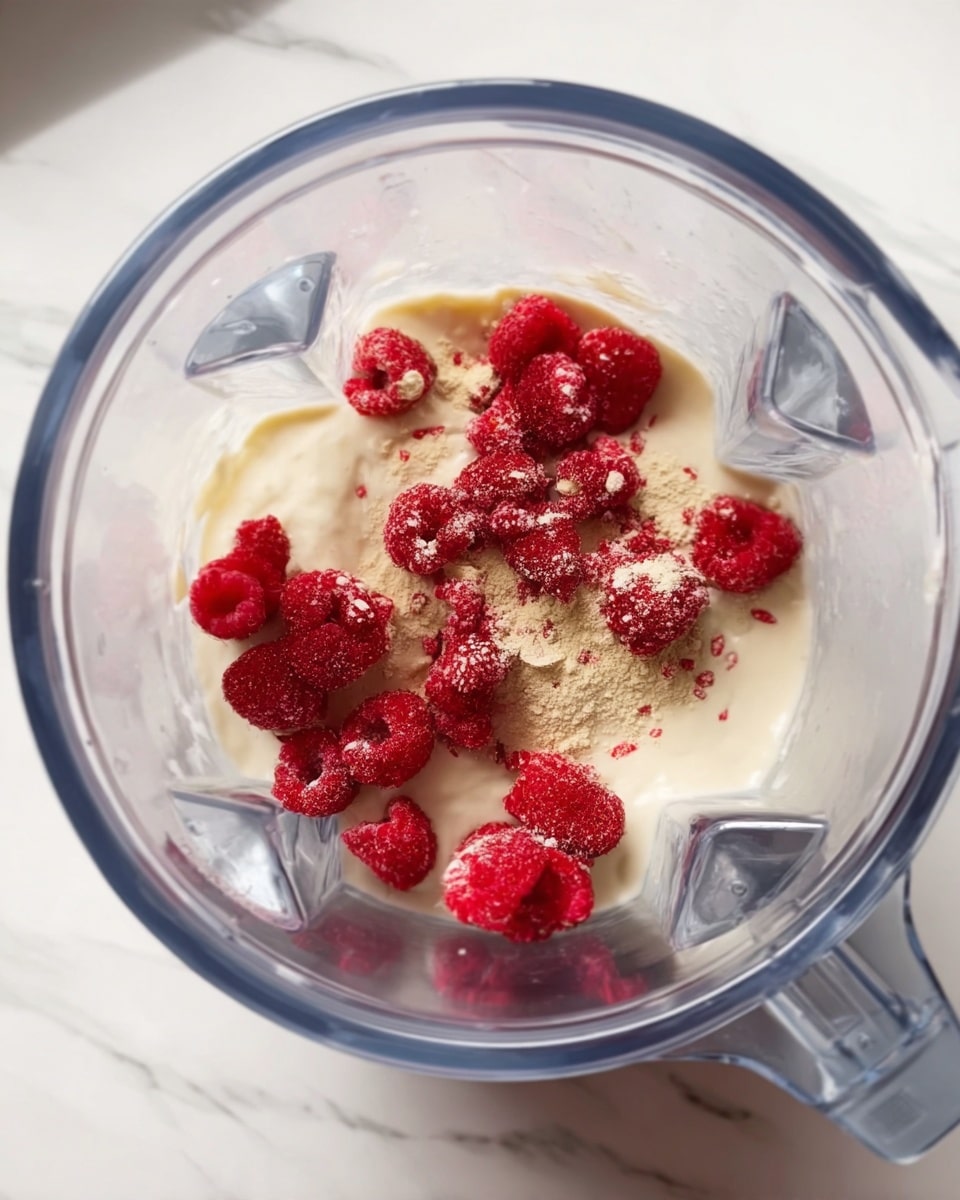 A clear blender jar filled with three visible layers: the bottom layer is a creamy white yogurt like texture, the middle layer is a light beige powder, and the top layer is bright red raspberries scattered on top, some dusted lightly with the powder. The blender jar has a smooth shiny surface and is placed on a white marbled texture. Photo taken with an iphone --ar 4:5 --v 7