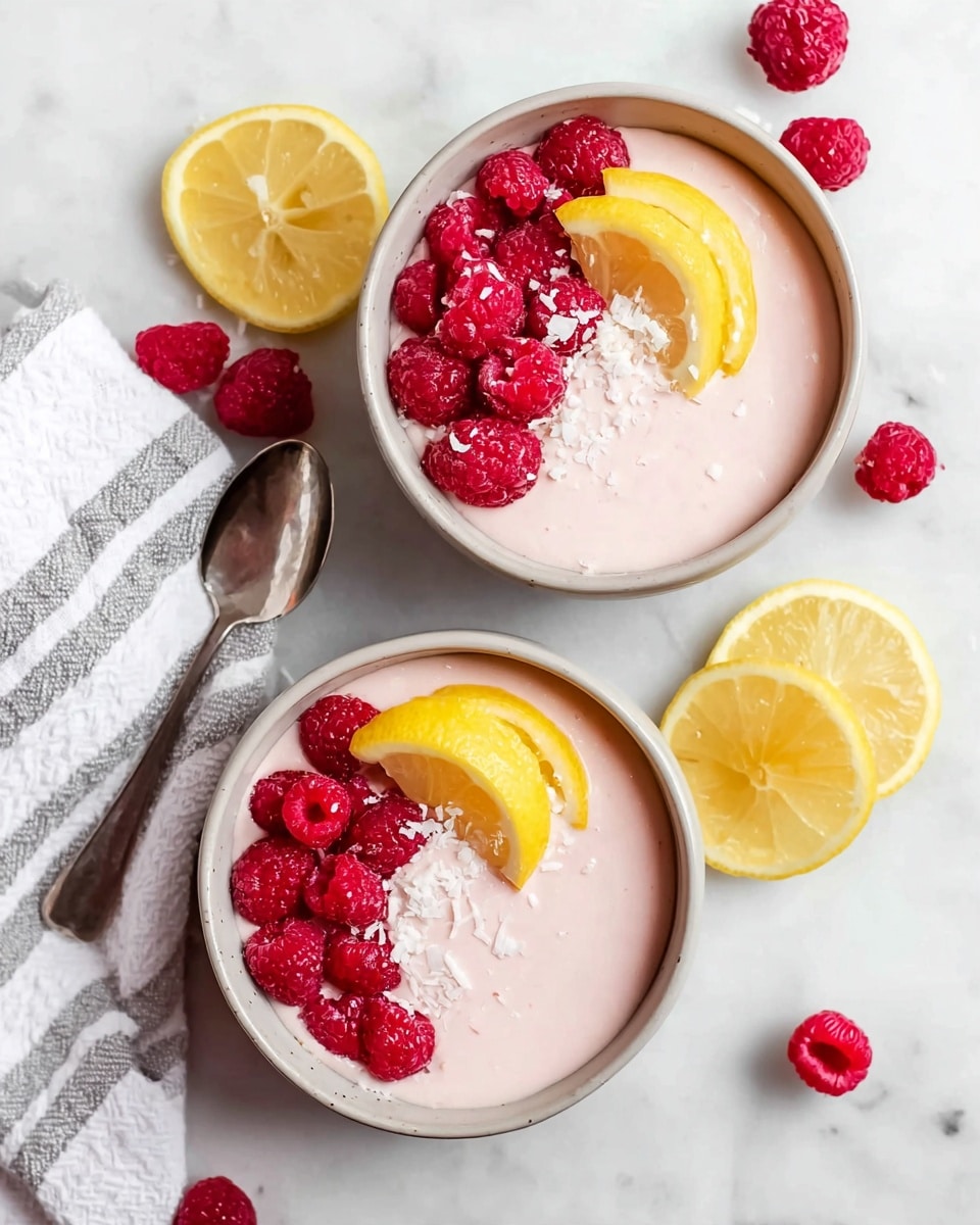 Two round white bowls filled with a smooth pale pink creamy base, topped on one side with a neat cluster of bright red raspberries, and on the other side with small white flakes sprinkled lightly. Each bowl is garnished with a curved, fresh yellow lemon slice placed near the raspberries. The bowls are set on a white marbled surface with scattered raspberries and lemon slices around, next to a silver spoon and a soft white and gray striped cloth. Photo taken with an iphone --ar 4:5 --v 7