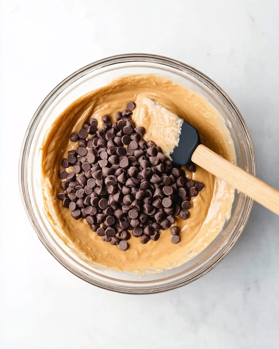 A clear glass bowl sits on a white marbled surface, containing a smooth, creamy light brown batter filling most of the bowl. On top of the batter is a large pile of small, round, dark brown chocolate chips, covering about one-third of the bowl's inside. A wooden spatula with a light wooden handle and a black silicone head rests inside the bowl, touching both the batter and chocolate chips. The scene is bright and clean, focused on the mixing process. photo taken with an iphone --ar 4:5 --v 7