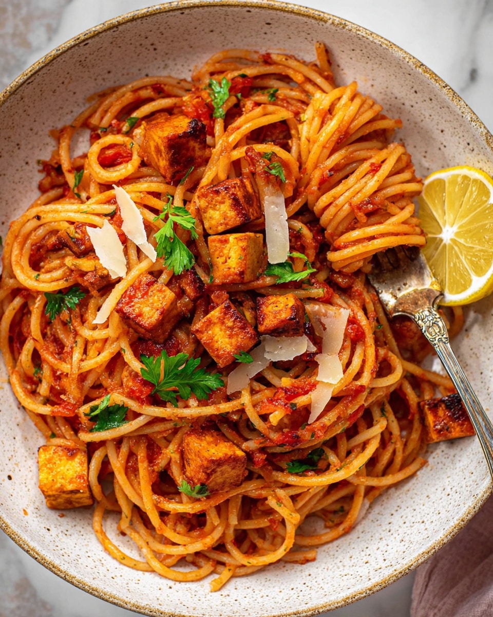 A white speckled bowl filled with three twisted nests of spaghetti coated in a rich red tomato sauce. Scattered on top are crispy golden-brown cubes of tofu mixed with small bits of diced red peppers. Fresh green parsley leaves are placed around and between the pasta nests, adding a pop of color. Thin light beige shavings of cheese are sprinkled on top. A wedge of lemon rests in the bowl’s corner, and an old silver fork lies on the right side of the bowl, slightly pressing into the pasta. The bowl sits on a white marbled surface. photo taken with an iphone --ar 4:5 --v 7