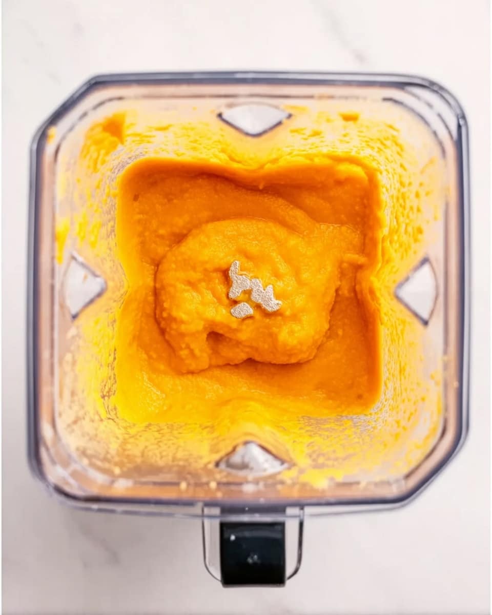 The image shows a top view inside a clear blender container filled with a thick bright orange puree. The puree has a smooth texture with some small lumps and is mostly centered in the middle of the blender’s square-shaped container. The inside walls have splashes of the orange puree, and the blender blades are visible beneath the puree. The background is a white marbled texture. photo taken with an iphone --ar 4:5 --v 7
