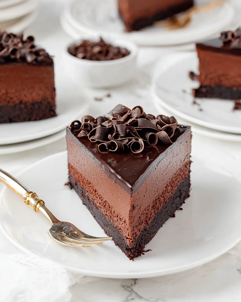 A slice of rich chocolate cake with two layers sits on a white plate on a white marbled surface. The bottom layer is a dense, dark brown chocolate base with a mousse-like texture, while the top layer is a smooth, shiny chocolate ganache. On top of the ganache, there are many small, curled chocolate shavings adding a decorative touch. A silver fork with a gold-trimmed handle rests on the plate beside the cake slice. In the background, there are similar white plates with more slices of the same cake and a small white bowl filled with more chocolate curls. photo taken with an iphone --ar 4:5 --v 7