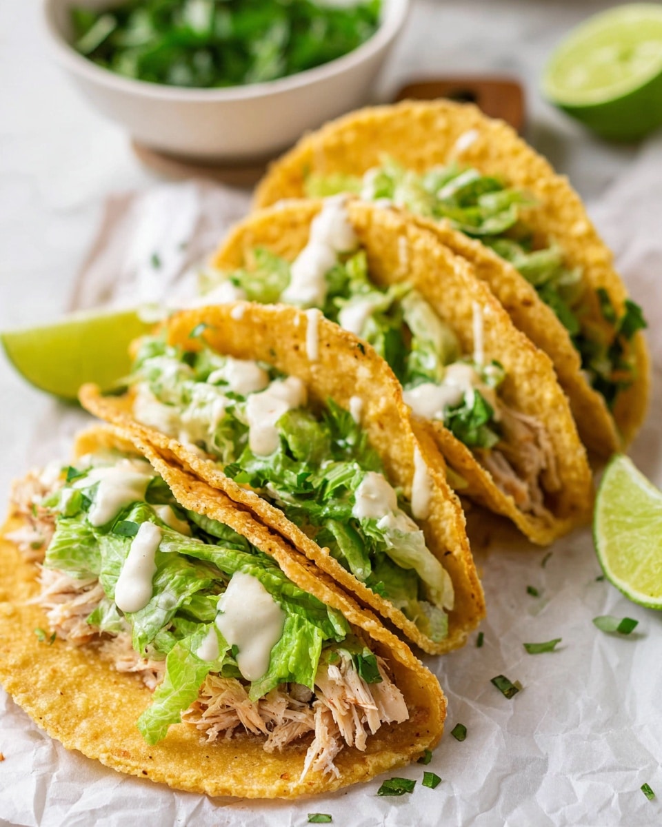 There are four tacos made with golden crispy shells that look light and crunchy, each folded in half and filled with three layers: shredded pale chicken at the bottom layer, topped with bright green leafy lettuce mixed with small bits of herbs, and drizzled with a creamy white sauce on top. The tacos rest on white parchment paper over a white marbled surface, with lime wedges placed near them for garnish. In the background, there is a white bowl filled with more green herbs, softly blurred. Photo taken with an iphone --ar 4:5 --v 7