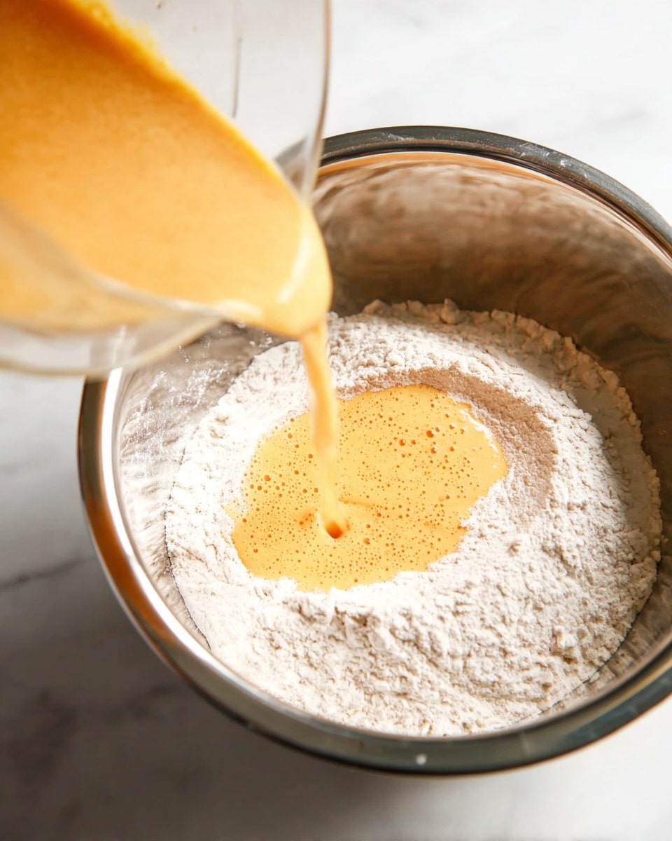 A clear container is pouring a light orange, frothy liquid into a shiny silver bowl filled with white flour, placed on a white marbled surface. The liquid forms a small pool on top of the flour in the bowl. The image has a bright, clean look with soft natural light. photo taken with an iphone --ar 4:5 --v 7