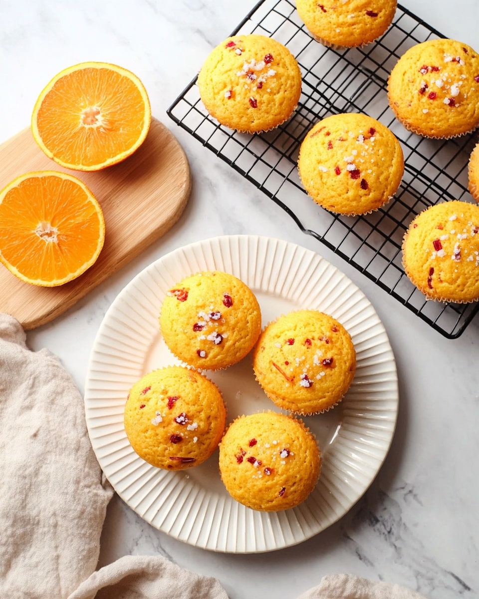 There are seven golden yellow muffins with a slightly rough top texture, sprinkled with small white sugar crystals and tiny red berry pieces, all placed on a white round ridged plate at the bottom center of the image. Above, a black wire cooling rack holds five more muffins with the same appearance, arranged loosely across it. To the left, two bright orange halves rest on a light wooden board with natural edges, adding a pop of color. A light beige cloth is casually folded and partly draped next to the plate over a white marbled surface. The whole scene is bright and clean with soft natural lighting. photo taken with an iphone --ar 4:5 --v 7