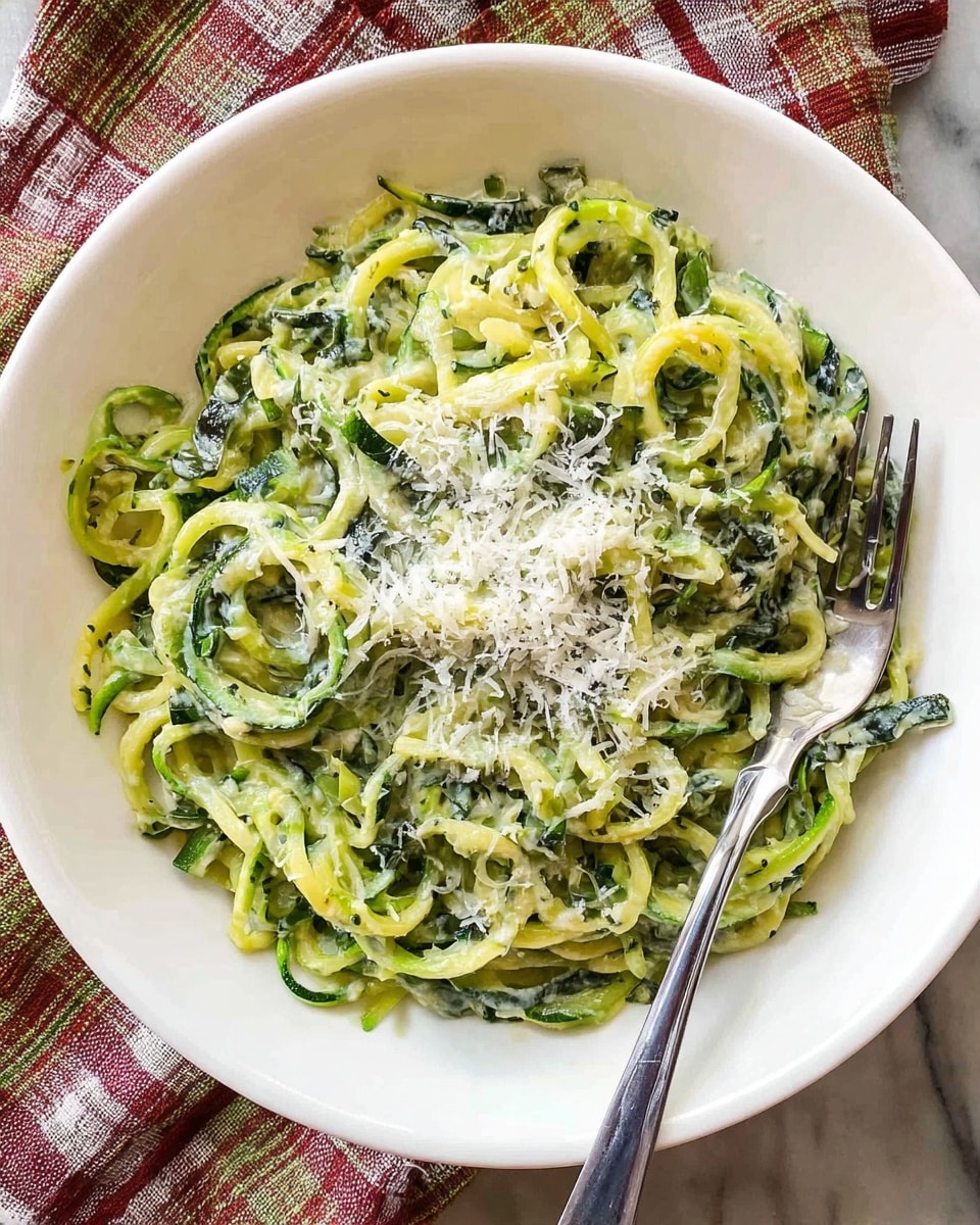A white bowl filled with spiral-shaped green zucchini noodles, mixed with small pieces of darker green zucchini strips, all coated in a creamy light yellow-green sauce. A generous amount of finely grated white cheese is sprinkled on top in the center. A silver fork rests on the bowl's edge on the right side. The bowl sits on a white marbled surface with a checkered cloth underneath. photo taken with an iphone --ar 4:5 --v 7