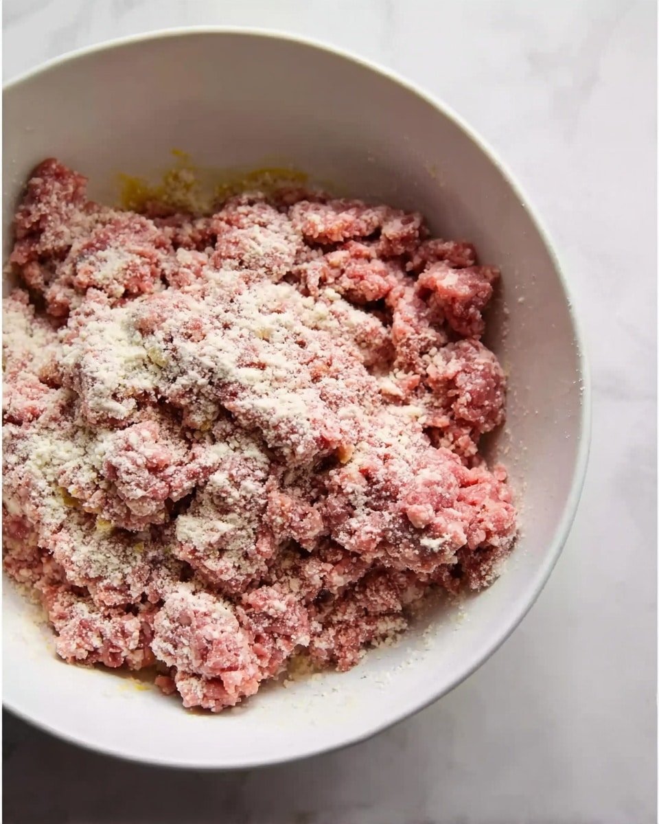 A white bowl filled with raw ground meat mixed with a light dusting of white flour or powder on top, showing uneven clumps of pinkish-red meat combined with some yellowish bits, all resting on a white marbled surface. photo taken with an iphone --ar 4:5 --v 7