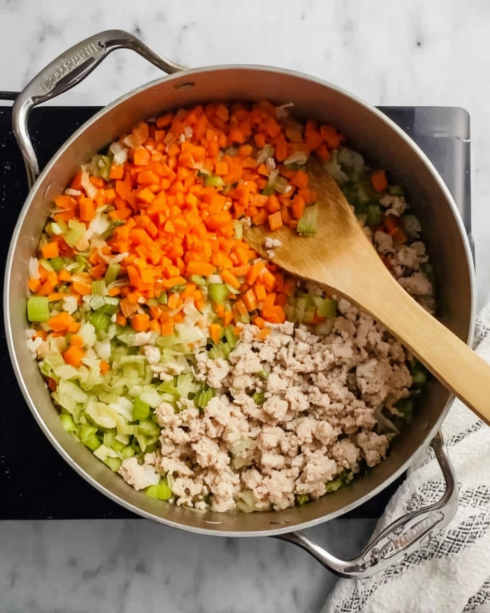 A large metal pot with silver handles is on a white marbled surface. Inside the pot, there are finely chopped bright orange carrots, pale green celery, and almost translucent onions filling about half of the space in the bottom layer. On top of this vegetable mix, there is a layer of light beige ground meat partially cooked. A wooden spoon with a smooth texture is placed inside the pot resting over the vegetables, with the long handle extending out towards the right side. The pot is sitting on a black cooking stove, and a white cloth with a gray pattern is partially visible to the right. photo taken with an iphone --ar 4:5 --v 7