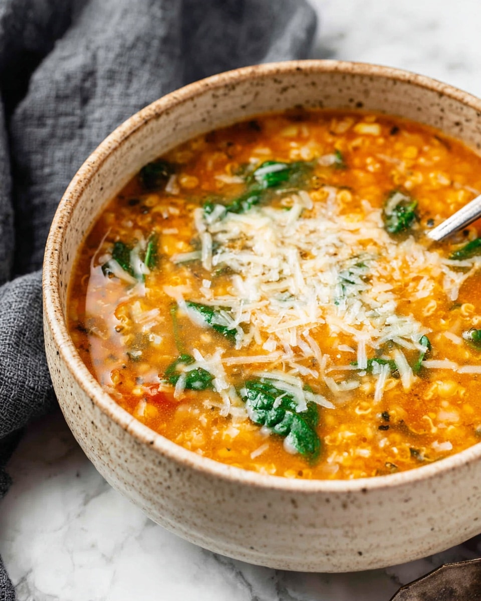A bowl of soup shown up close with three visible layers: the base layer is thick and orange with small grains and bits of vegetables, the middle layer has green spinach leaves floating partially submerged, and the top layer features a scattering of fine white shredded cheese evenly spread across the surface. The soup is served in a beige speckled ceramic bowl set on a white marbled textured surface, with a dark gray cloth softly draped in the background. photo taken with an iphone --ar 4:5 --v 7