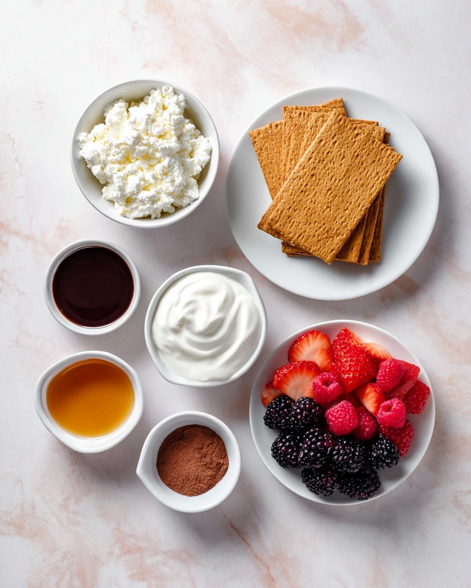 A set of small white plates and bowls are arranged on a white marbled surface. One bowl contains white cottage cheese with a lumpy texture, and next to it is a bowl filled with smooth, white yogurt. Below these, a small white dish holds a dark, thick liquid, while another white dish nearby contains light brown cocoa powder. A white plate shows a neat stack of five rectangular graham crackers with a golden-brown color. To the right is a small white dish filled with amber honey. Finally, a white plate holds fresh berries in three groups: red raspberries at the bottom, black blackberries in the middle, and sliced bright red strawberries at the top. photo taken with an iphone --ar 4:5 --v 7
