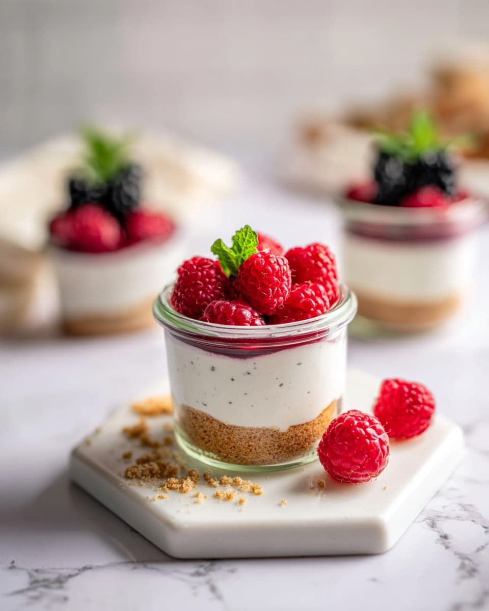 The image shows a small glass jar dessert with three layers: the bottom layer is light brown and crumbly, the middle layer is smooth and white with tiny black specks, and the top layer has bright red raspberries placed closely together with a small green mint leaf on one side. The jar sits on a white marbled hexagon-shaped plate with some crumbs scattered around. There are three extra raspberries placed near the base of the jar. In the blurred background, two other similar jars are visible with one topped with blackberries and a green garnish. The setting is on a white marbled surface with soft natural light, photo taken with an iphone --ar 4:5 --v 7