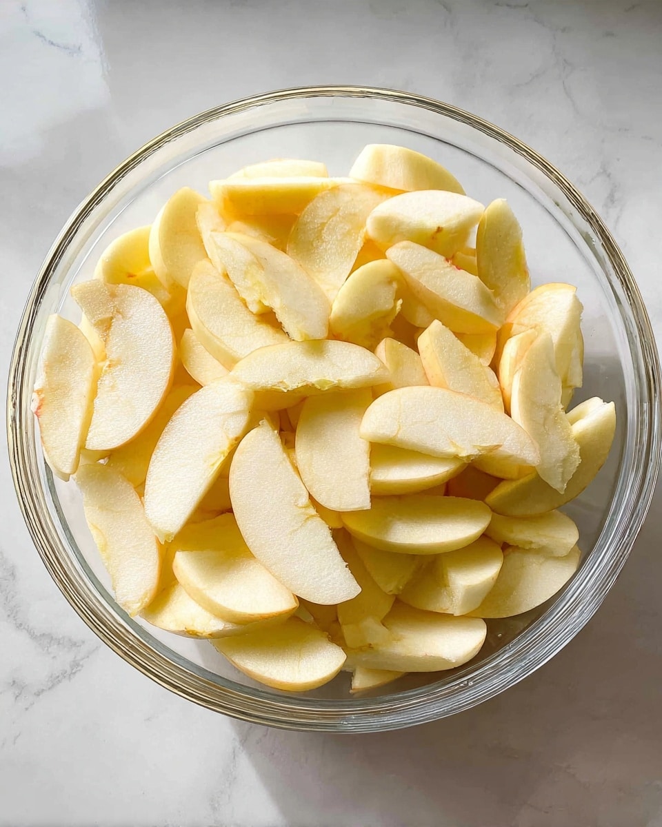 A clear glass bowl filled with many slices of peeled apple, each slice pale yellow with smooth edges and slightly curved shapes, arranged loosely with some overlapping in the bowl. The bowl is placed on a white marbled surface, with natural light highlighting the fresh, juicy texture of the apple slices. photo taken with an iphone --ar 4:5 --v 7
