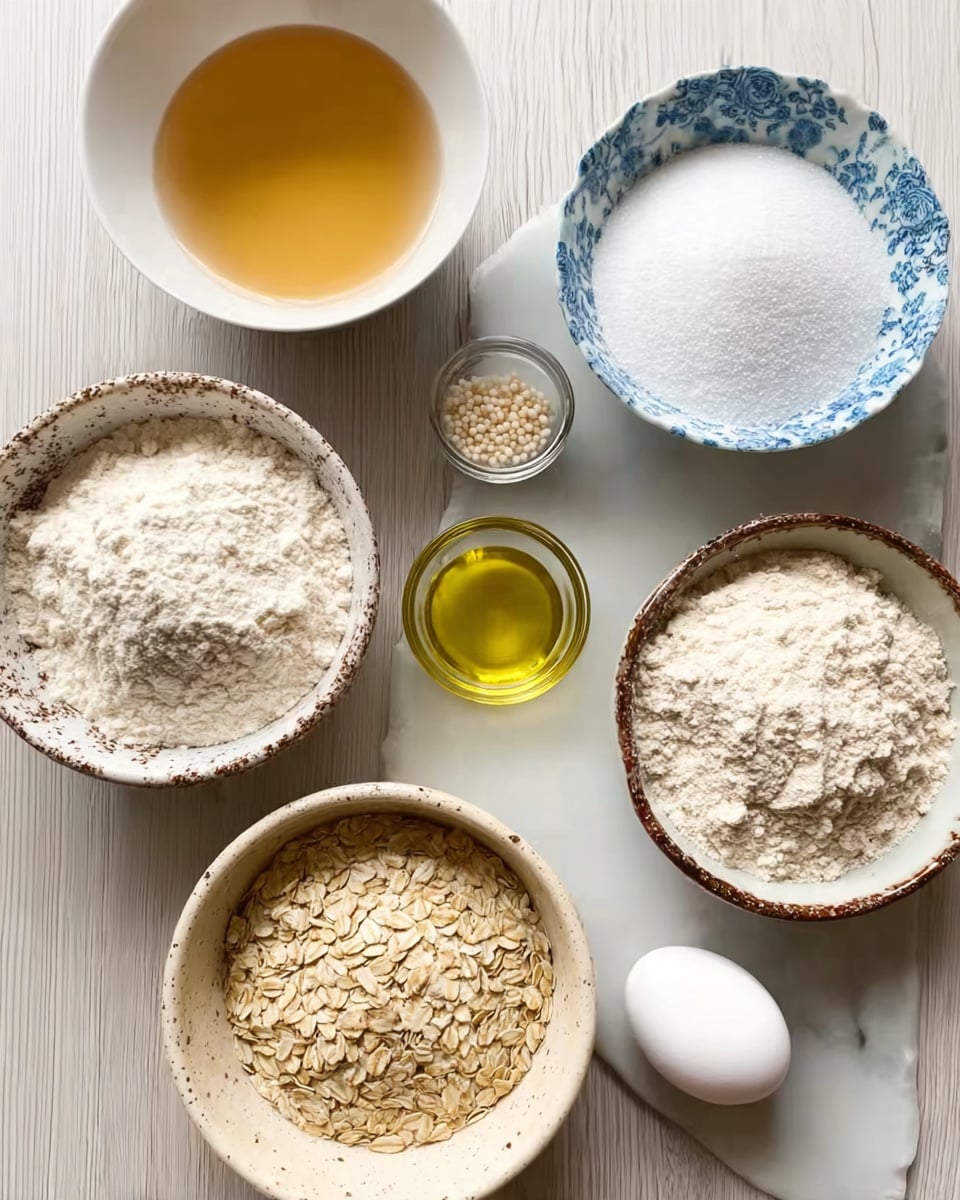 The image shows eight small bowls and one egg arranged on a light wooden surface. In the top left corner is a white bowl filled with light amber liquid, next to it on the right is a white bowl with a blue floral rim holding white granulated sugar. Below the sugar is a white bowl with a brown speckled rim, filled with white flour. At the bottom left is a beige bowl containing light brown flour. To the right of the beige bowl is a small bowl filled with pale rolled oats. Between the beige bowl and the flour bowl is a small glass bowl with light golden oil. Above the oil is a small glass container with small beige grains, and to the left of this container is a salt shaker with salt inside. A white egg is placed near the bottom left side, next to the salt shaker. The background is white marble. photo taken with an iphone --ar 4:5 --v 7