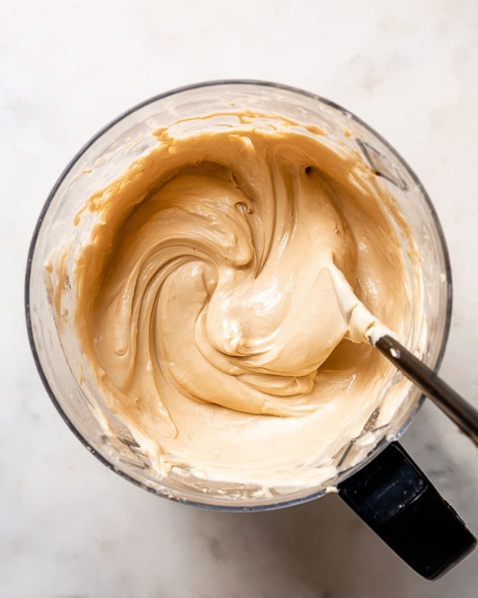 A clear glass blender bowl sits on a white marbled surface, filled with a smooth, thick light beige creamy mixture that swirls in the center. The creamy texture looks soft and whipped, with gentle twists and folds showing motion, and a black-handled spatula lifts some of the creamy mixture on the right side of the bowl. The lighting highlights the creamy texture and soft shadows around the mixture. photo taken with an iphone --ar 4:5 --v 7