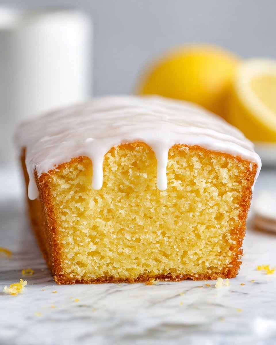 The image shows a single slice of yellow pound cake with a moist, crumbly texture and a golden brown crust. It has one layer topped with a smooth, white icing that slightly drips down the sides. The cake slice is placed on a white marble surface with a blurred background, featuring a lemon and a white container. Photo taken with an iphone --ar 4:5 --v 7