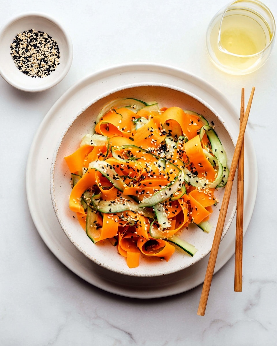 A bowl with thin, curled orange carrot ribbons as the main layer, mixed with light green, curled thin cucumber slices, all sprinkled with a mix of black and white sesame seeds. The bowl is placed on a white plate with a pair of light wooden chopsticks resting on the right edge of the plate. To the top left of the plate, there is a small white bowl filled with black and white sesame seeds, and nearby, a glass container with pale yellow dressing. The whole setup sits on a white marbled surface. photo taken with an iphone --ar 4:5 --v 7