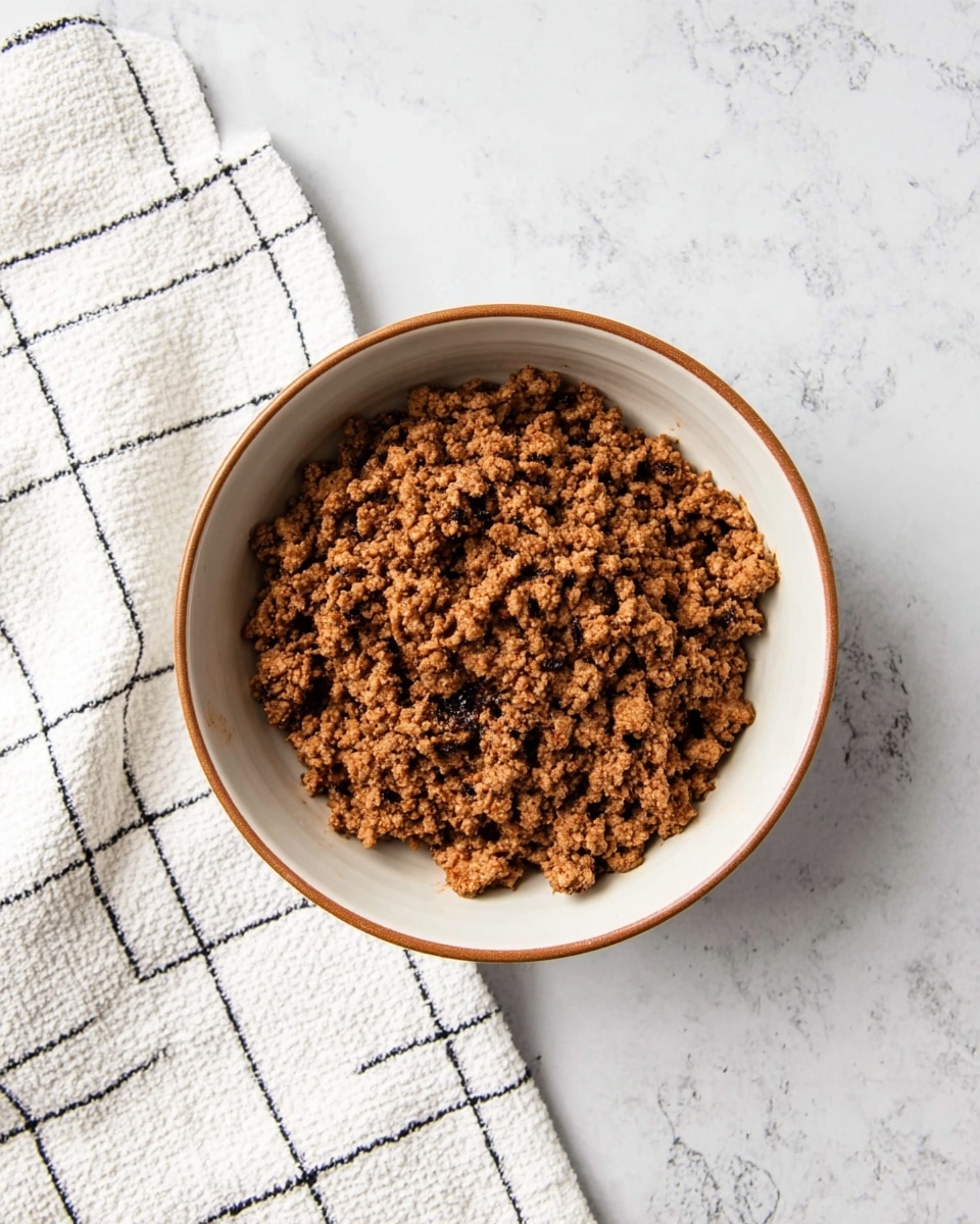 A close top view of a white bowl with a brown rim filled with crumbled cooked ground meat, placed on a white marbled surface next to a white cloth with a black grid pattern, photo taken with an iphone --ar 4:5 --v 7