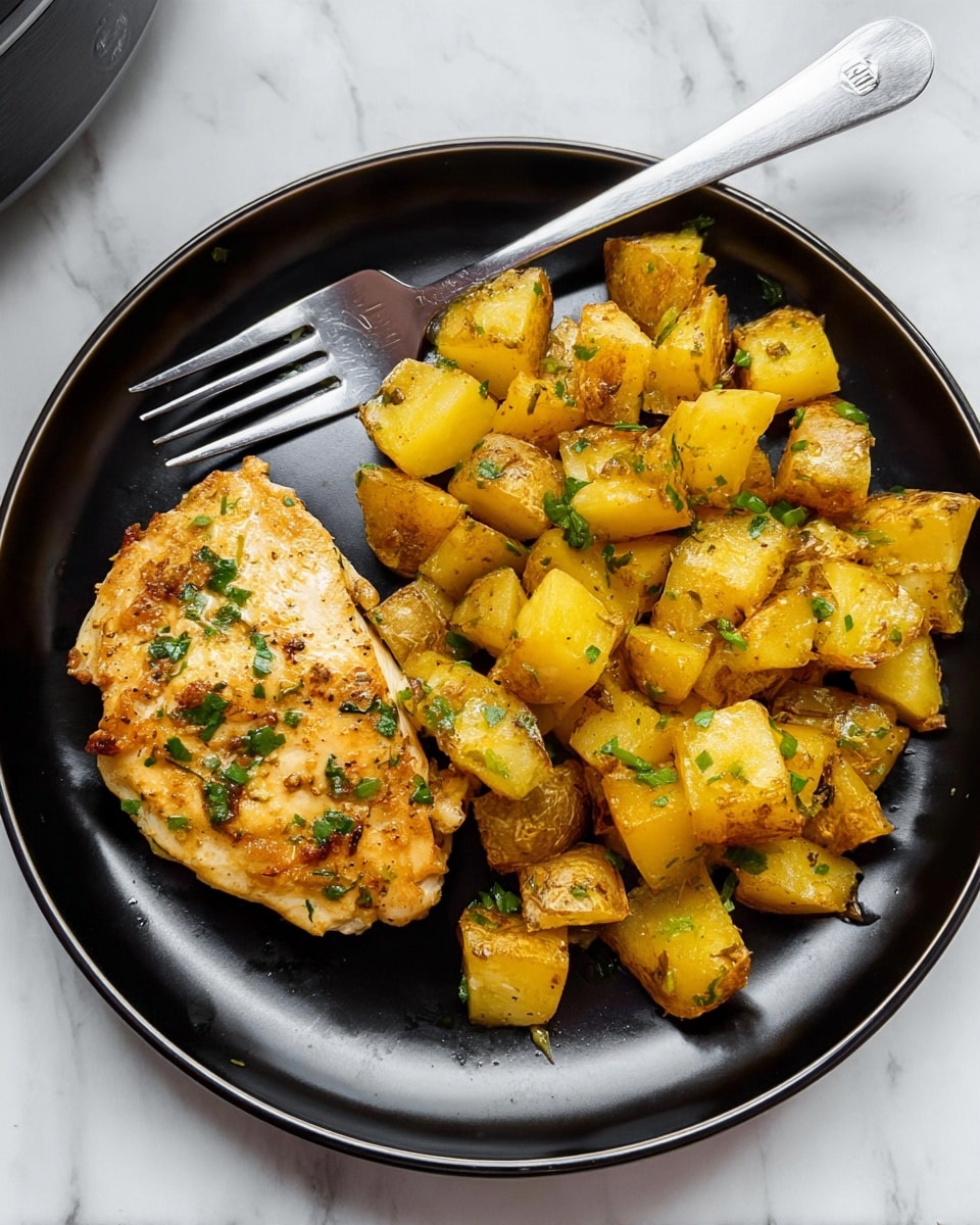 A black round plate holds a simple meal with two parts: on the left, there is a light golden brown cooked piece of chicken with small green herb bits sprinkled on top; on the right side, there are yellowish-brown cubed cooked potatoes tossed with small green herb pieces scattered over them. A silver fork rests on the edge of the plate with its handle extended outside. The plate sits on a white marbled surface. Photo taken with an iphone --ar 4:5 --v 7
