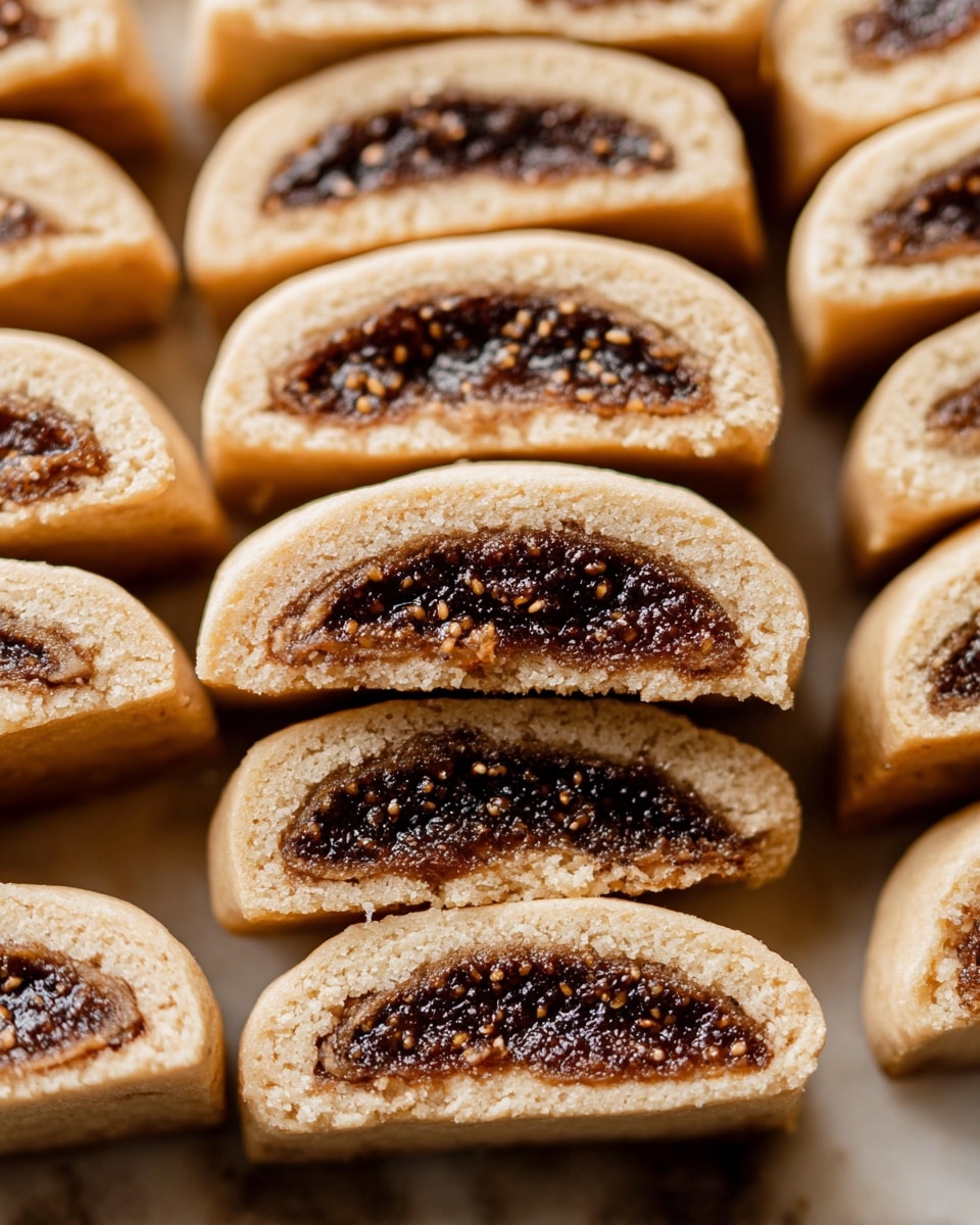 Several rows of fig-filled cookies are arranged tightly side by side on a white marbled surface. Each cookie is cut in half, showing two layers: a light brown, soft, slightly crumbly outer dough and a thick, dark brown filling with visible small seeds inside. The cookies have a smooth rounded top and flat bottom, standing upright to display their cross-sections in neat lines. Photo taken with an iphone --ar 4:5 --v 7
