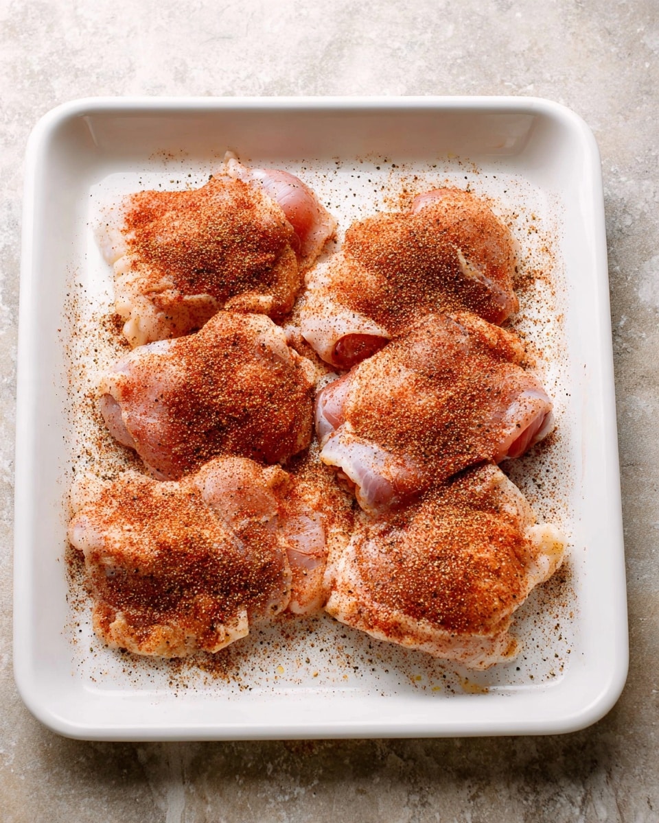 A white baking tray holds six pieces of raw chicken thighs spread evenly. Each piece is covered with a reddish-brown spice mix, which looks like paprika and black pepper, creating a fine powder texture on top. The tray is set on a white marbled surface that adds a clean, smooth look around it. The chicken skin shows a soft pink and white color beneath the spices. photo taken with an iphone --ar 4:5 --v 7
