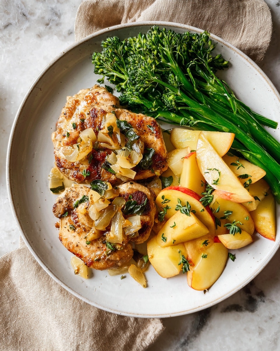 A white plate holds a meal with three main parts: two browned chicken pieces sit in the middle, topped with small pieces of cooked onion and fresh green herbs, showing a slightly shiny, cooked texture; on the right side of the plate there is a mix of cooked yellow and red apple slices with light green leafy bits scattered throughout, all soft and glossy; on the upper part of the plate, there is a bunch of steamed bright green broccolini with a fresh, firm texture. The plate is on a white marbled surface with a beige cloth nearby. Photo taken with an iphone --ar 4:5 --v 7