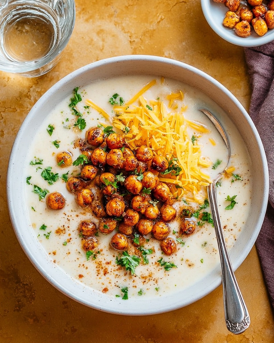 A white bowl filled with creamy white soup is topped with three layers: orange shredded cheese peeks through the soup, a generous layer of small roasted chickpeas seasoned to a reddish brown color sits on top, and scattered green parsley leaves add a fresh touch. A silver spoon rests inside the bowl on the left side. The bowl is placed on a golden brown surface with a glass of water nearby. Photo taken with an iphone --ar 4:5 --v 7