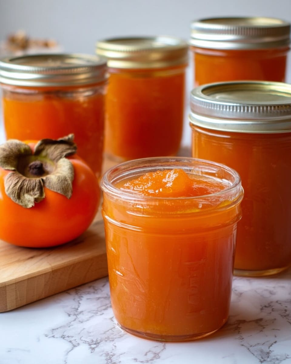 The image shows several clear glass jars filled with bright orange persimmon jam. The jar in the front is open and full, with a bit of jam spilling over the rim and soft, smooth texture visible. Behind it are more jars with metal lids, some labeled by hand in cursive handwriting. One ripe orange persimmon fruit with a dried brown leafy top rests on a wooden board in the background. The jars and fruit sit on a white marbled surface with a subtle warm tone, and no other layers or colors are present. photo taken with an iphone --ar 4:5 --v 7