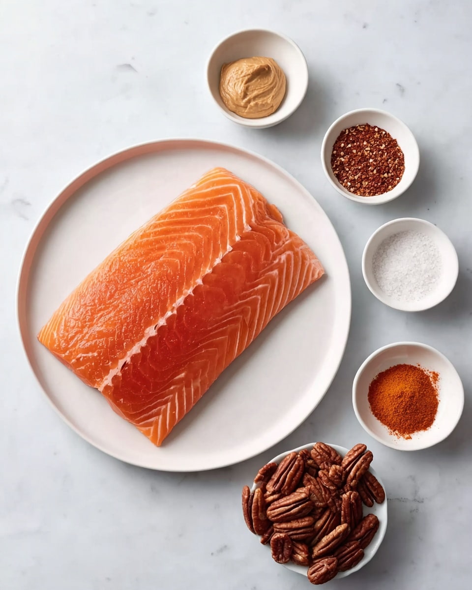 A thick, raw salmon fillet with bright orange flesh and light white fat lines is placed neatly on a white round plate in the center of a white marbled surface. Around the plate, there are five small white bowls arranged in two groups: one bowl contains a smooth, light brown paste; another has a fine, reddish-brown powder; the next one holds a white granular substance; a fourth bowl is filled with a bright orange-red spice powder; and the last bowl, slightly larger, is full of whole pecans with their dark brown, wrinkled shells. photo taken with an iphone --ar 4:5 --v 7