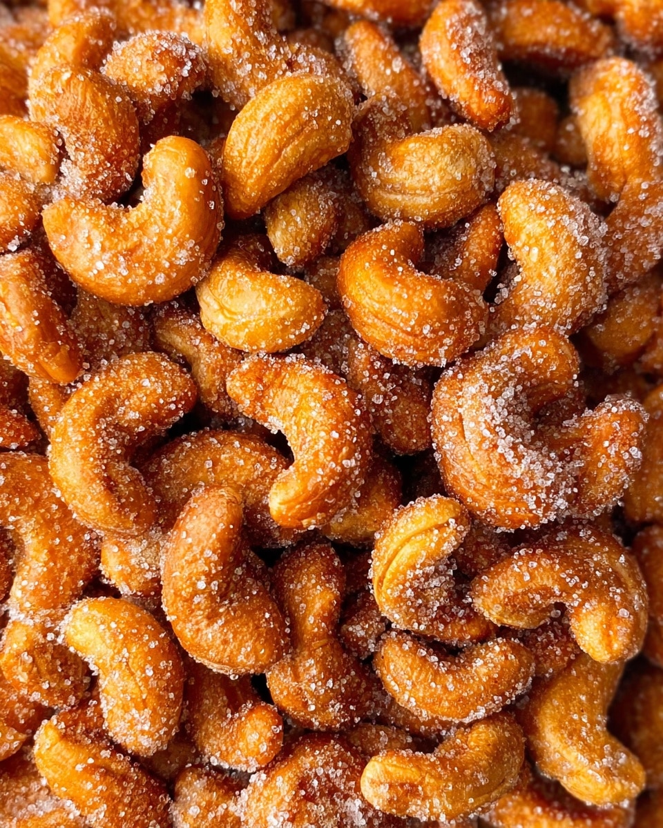 The image shows a close-up of many roasted cashew nuts that are covered with a light dusting of white sugar crystals, giving them a slightly grainy texture. The cashews have a golden-brown color with some parts looking crispier and darker, and the sugar adds a sparkling effect on their uneven, curved surfaces. The nuts fill the entire frame, creating a dense, textured mound. The photo taken with an iphone --ar 4:5 --v 7