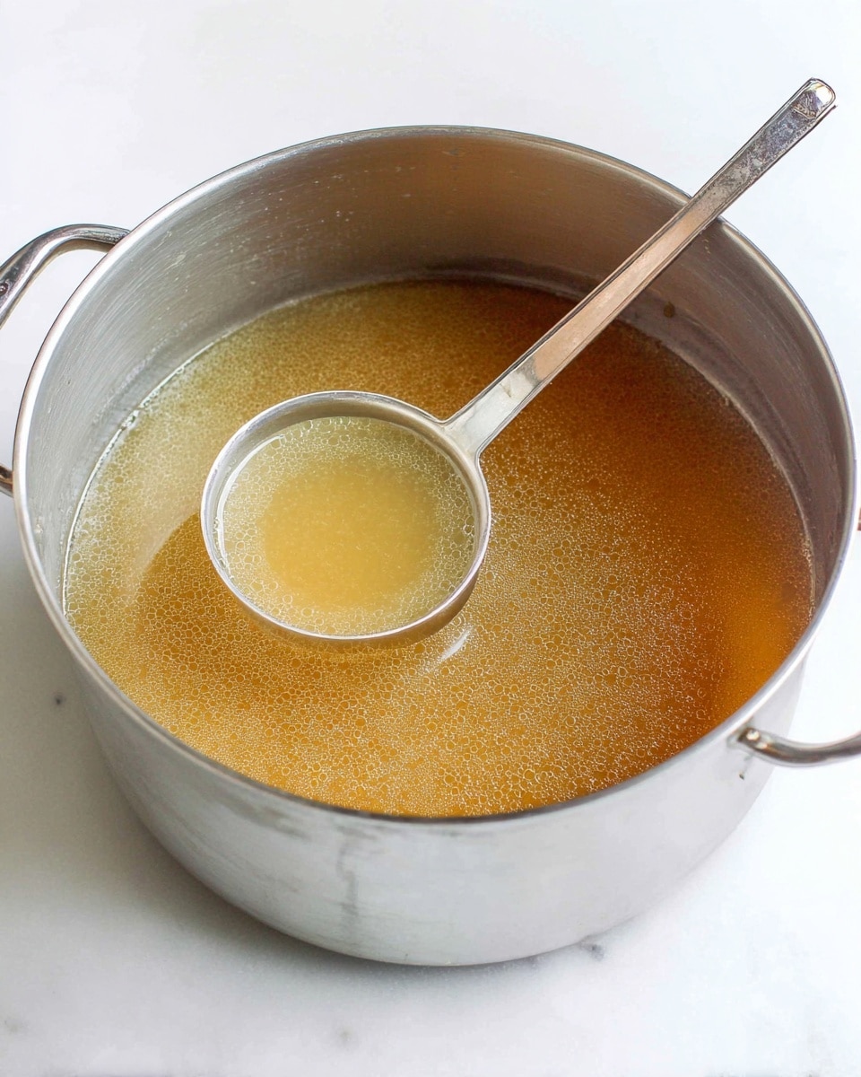 A large silver metal pot filled halfway with light brown broth that has small bubbles on the surface. Inside the pot, a silver ladle with a long handle is resting, its round bowl also filled with the broth, showing more bubbles. The pot is placed on a white marbled surface. Photo taken with an iphone --ar 4:5 --v 7