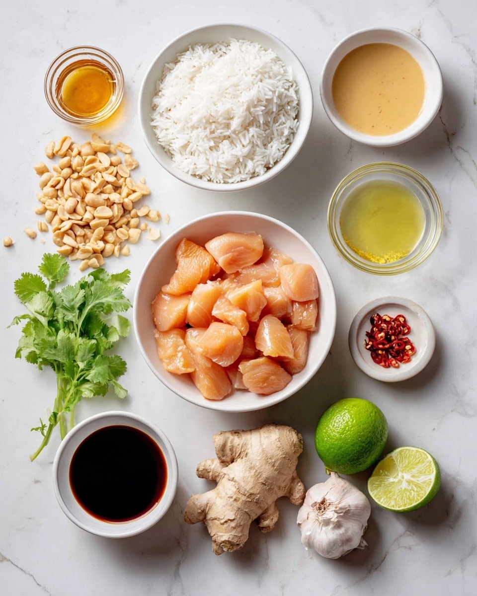 The image shows a collection of ingredients arranged neatly on a white marbled surface. At the center is a white bowl filled with raw, light orange pieces of chicken. Above it is a white bowl with fluffy white rice, a white bowl with light yellow liquid, a white bowl with thick light brown peanut sauce, and a small white bowl with light green oil. To the left of the chicken bowl is a small pile of light tan peanuts, a small glass bowl with golden honey, and fresh green cilantro. Below these are a large piece of beige ginger root, a bright green lime, two cloves of light pink garlic, and a tiny white bowl holding sliced red chili flakes. At the lower left corner is a small white bowl containing dark brown soy sauce. The ingredients are brightly lit and clearly visible, photo taken with an iphone --ar 4:5 --v 7