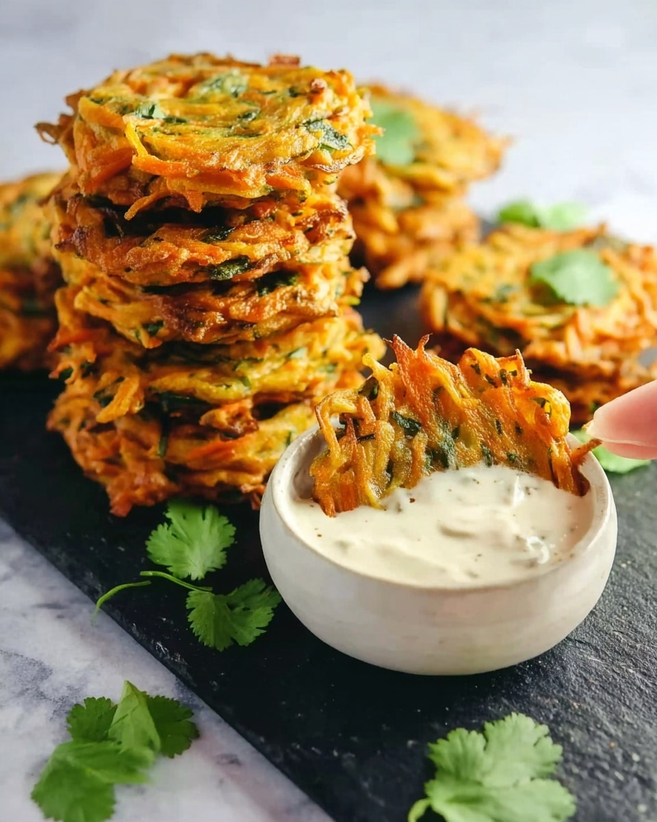 The image shows a stack of small golden-brown fritters made of shredded vegetables with visible green leaves, placed on a long black board on a white marbled surface. In front of the stack is a white bowl filled with creamy white sauce, with one fritter dipped partially inside and held by a woman's hand. Around the bowl and fritters, fresh green cilantro leaves are scattered. The fritters have a crispy texture with uneven edges, and the green and orange colors of the vegetables are clear. Photo taken with an iphone --ar 4:5 --v 7