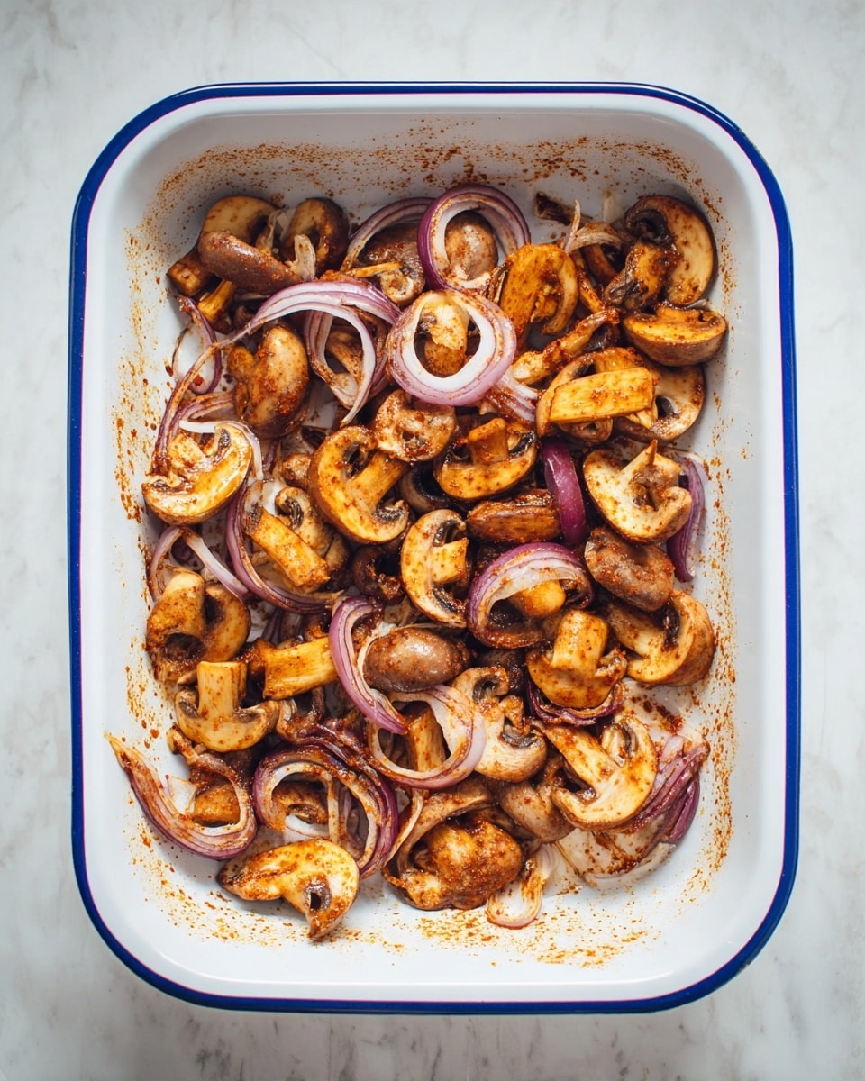 A white rectangular baking dish with a blue rim filled with sliced brown mushrooms and thin rings of red onion. The mushrooms are cut into halves and quarters, showing their light brown inside and dark gills. The onion rings are mixed evenly with the mushrooms. The vegetables are coated with a layer of reddish-brown spices, giving a slightly dry and powdery texture visible on the dish edges. The dish sits on a white marbled surface with soft natural light shining from above, creating subtle shadows. Photo taken with an iphone --ar 4:5 --v 7