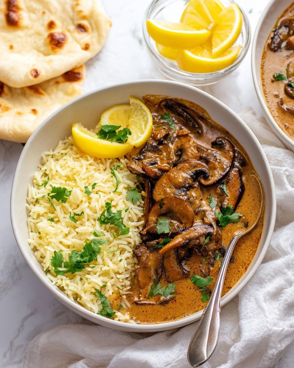 A white bowl filled with two main layers: on one side, light yellow cooked rice with green cilantro leaves scattered on top, and on the other side, a rich brown creamy mushroom and chicken stew with visible pieces of sliced mushrooms and dark cooked onions. A bright yellow lemon wedge rests at the edge where the rice and stew meet. A silver spoon sits inside the bowl on the stew side. In the background, a smaller clear glass bowl holds three lemon wedges, while on the side, a piece of white naan bread lays on a white cloth over a white marbled surface. Photo taken with an iphone --ar 4:5 --v 7