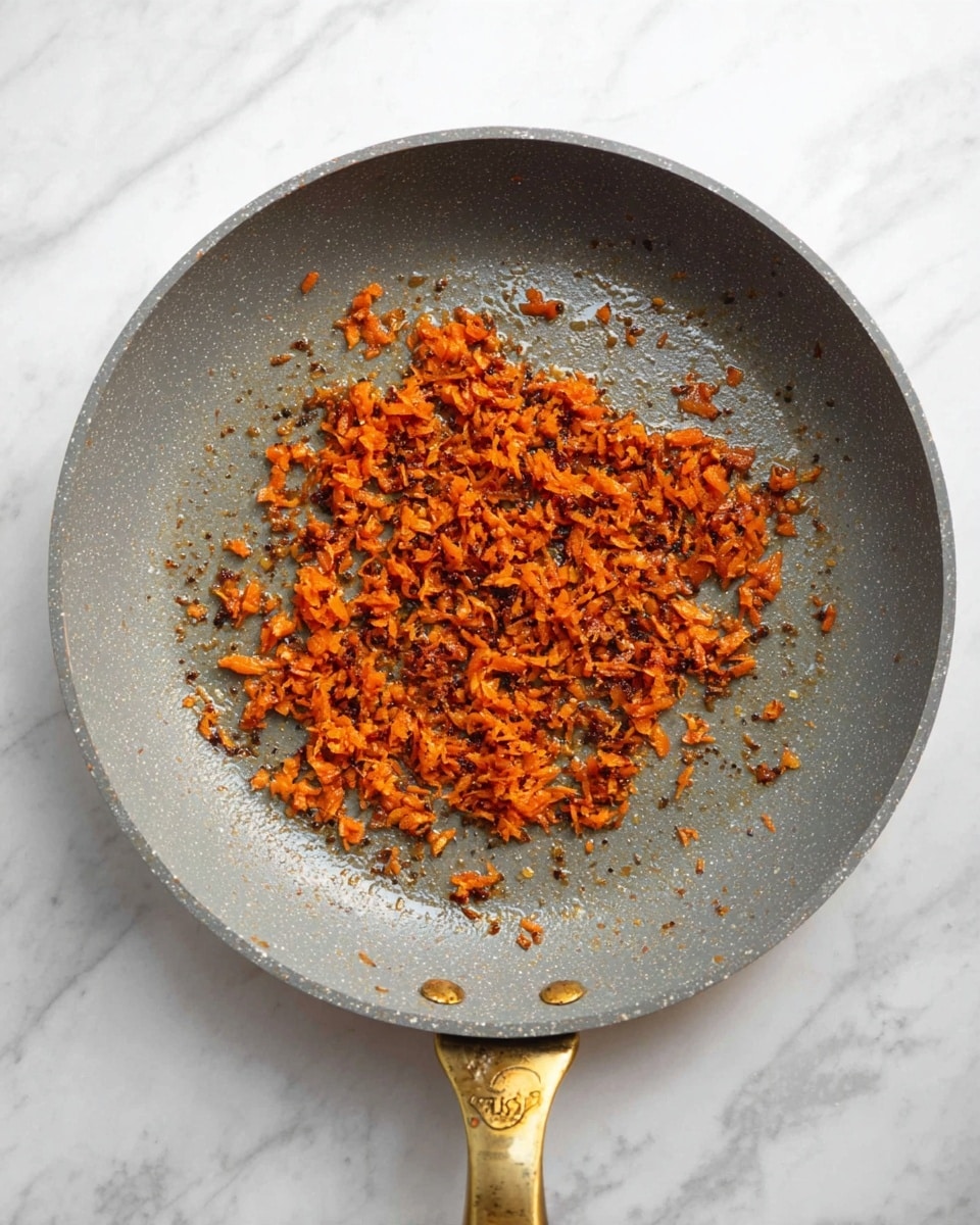 The image shows a gray frying pan with a gold handle placed on a white marbled surface. Inside the pan, there is a single layer of finely chopped cooked carrots that are a deep orange color with some darker brown edges, spread mostly in a rough circle near the center and edges of the pan. The carrots have a slightly shiny and textured look, suggesting they are cooked with oil and spices, with small bits of caramelization visible. The pan has some light oily residue around the carrots, enhancing their cooked appearance. Photo taken with an iphone --ar 4:5 --v 7