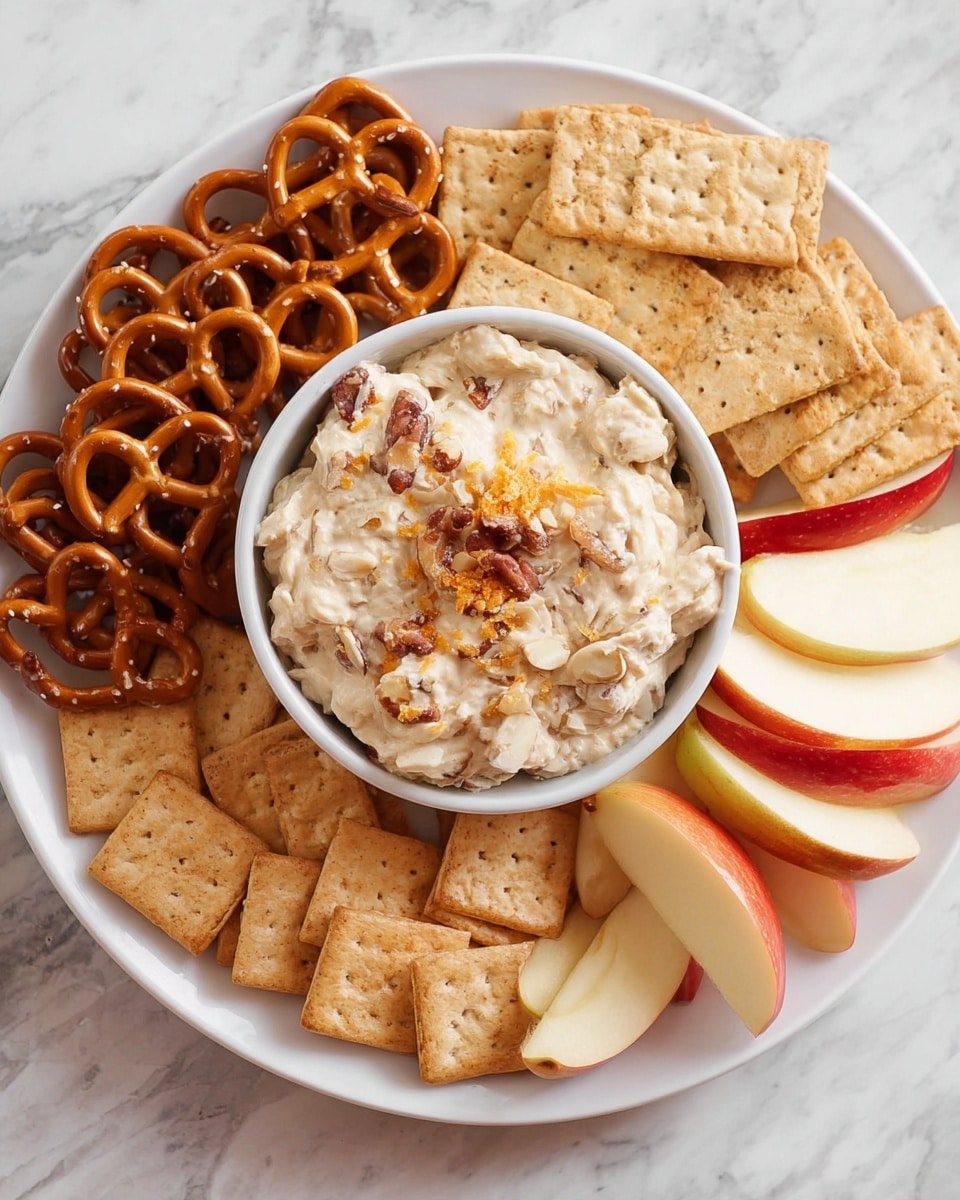 A white round plate on a white marbled surface holds a small white bowl in the center filled with a creamy dip that has chunks of nuts and bits of orange sprinkled on top. Surrounding the bowl are three groups of snacks arranged in sections: golden brown pretzels with salt, square light brown crackers, and fresh apple slices with red skin and white inside. The plate is full but neatly arranged. Photo taken with an iphone --ar 4:5 --v 7