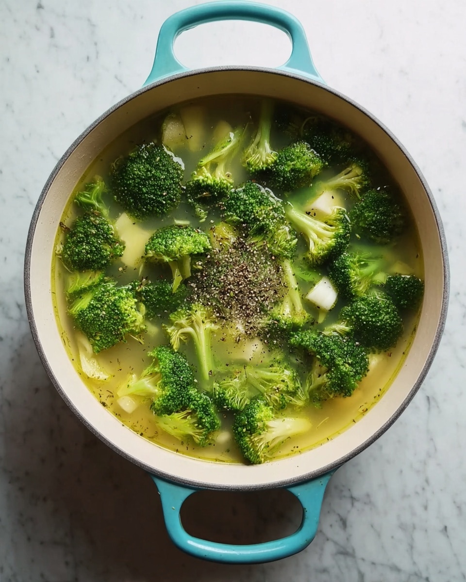 A white round pot with light blue handles is filled with a light yellow-green broth. Floating on top are many bright green broccoli florets, some with visible creamy white stalk parts, scattered evenly. In the center, there is a small mound of ground black pepper sitting on the broth. The pot is placed on a white marbled surface. photo taken with an iphone --ar 4:5 --v 7