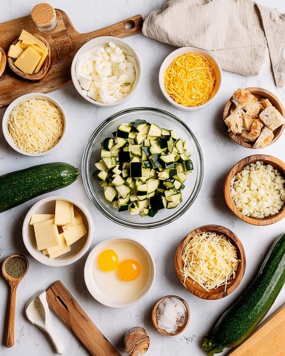 The image shows a white marbled surface with a round clear glass bowl filled with chopped green zucchini pieces at the center. Around it, there are several smaller white bowls and wooden bowls arranged in a circle: chopped white onion in a wooden bowl to the upper left, shredded orange cheese in a white bowl below it, two cubes of butter in a small wooden bowl near the bottom left, a white bowl containing shredded pale cheese to the right, diced pieces of bread in a wooden bowl to the upper right, and a white bowl with minced garlic on a small light wood board next to it. Also visible is a bowl with two bright yellow egg yolks in the bottom center and a small metal measuring cup with white liquid at the top center. Two whole zucchinis and a beige cloth napkin rest on the upper right corner. A wooden spoon with slots and a small spice grinder are on the lower left and center parts of the scene. Photo taken with an iphone --ar 4:5 --v 7