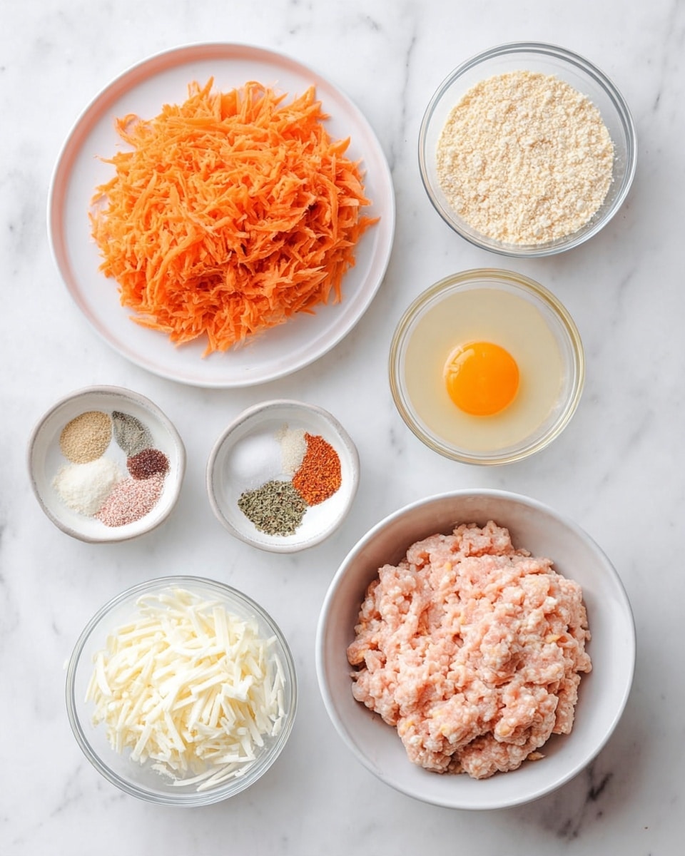 The image shows six separate white bowls arranged on a white marbled surface. In the center bottom, a large white bowl holds a pale pink, soft, ground meat mixture with a smooth, slightly uneven texture. Above it to the left, there is a white plate filled with a layer of bright orange shredded carrots, finely shredded and piled high. To the right of the carrots, a small white bowl contains a raw egg with a bright yellow yolk and clear egg white. Below the egg, a transparent bowl holds light golden breadcrumbs that have a fine, crumbly texture. To the left of the breadcrumbs, a white bowl with a gray rim contains six small piles of different spices and herbs in shades of pink, white, brown, and green, creating a colorful contrast. At the bottom left, a small white bowl holds shredded white cheese with a stringy texture. The background surface is a clean white marbled texture, and the arrangement is neat and organized. Photo taken with an iphone --ar 4:5 --v 7