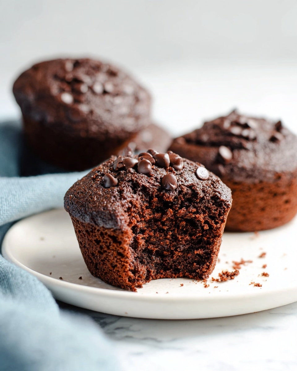 The image shows three dark brown chocolate muffins placed on a white plate on a white marbled surface. The muffin in the front is slightly larger and has a rough, cracked texture on top, decorated with shiny chocolate chips. The inside of this muffin is moist and crumbly, revealed by a bite taken from its side. Two more chocolate muffins with similar textures are softly focused in the background. A light blue cloth is partially visible in the foreground. photo taken with an iphone --ar 4:5 --v 7
